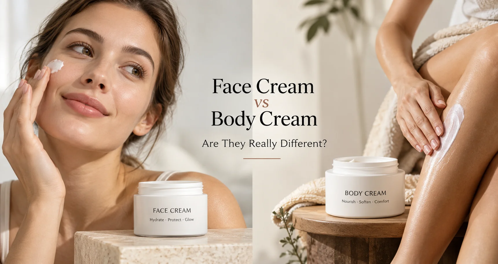 A woman applies face cream on her cheek while another person applies body cream to their leg, comparing skincare products.